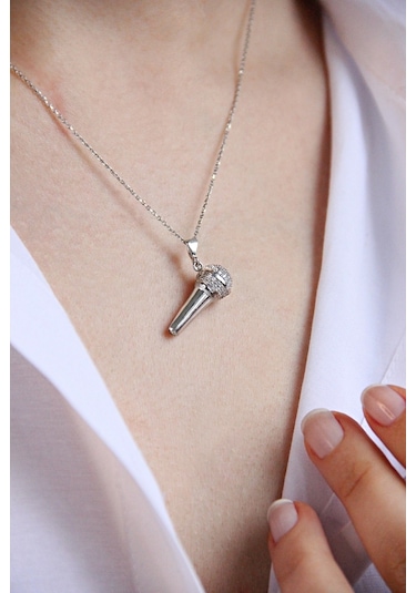 925 Ayar Gümüş Mikrofon Kolye - 23174301 Gümüş