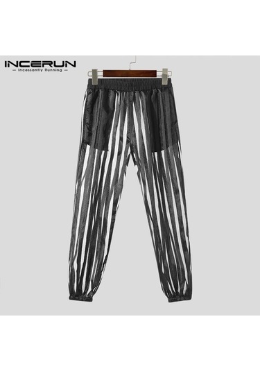 Incerun Erkek Yazlık Fileli Şeffaf Pantolon Yazlık Çizgili Uzun Pantolon Siyah