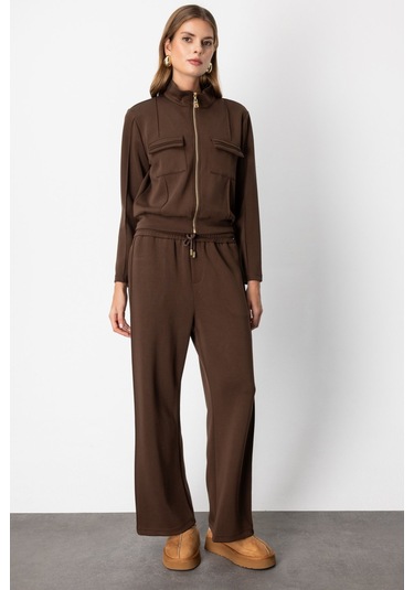 On Kadın Beli Lastikli Bol Paça Eşofman Altı 66510 Kahverengi Kahverengi