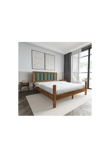 Orion Model Çağla Yeşili Puflu Başlıklı Ceviz Renk Çam Ahşap Karyola-85 90 x 200