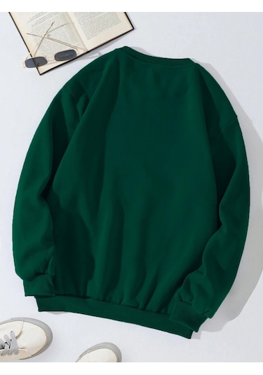 Unisex Oversize Bisiklet Yaka Basic Adventure Baskılı Sweatshirt - Koyu Yeşil Koyu Yeşil