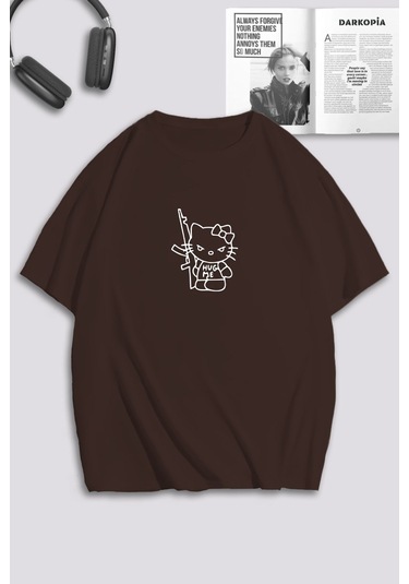 Unisex Kadın Erkek Hello Kitty Hug Me Baskılı Özel Tasarım Oversize T-shirt Kahverengi Mck0156 Kahverengi