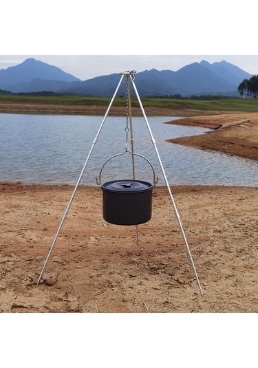 Neevoyu Kampanyalı Katlanır Alüminyum Kamp Ocağı Askılığı - Zincirli Ayarlanabilir Yükseklik Gümüş