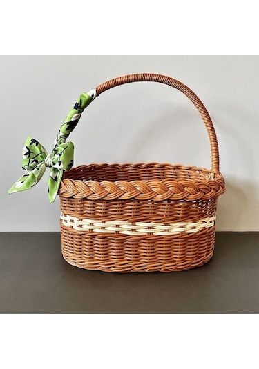 Besthome1 Pratik El Tutanaklı Sepet - Bebek Piknik, Hediye, Meyve İçin - Sarı Rattan Örgü - Küçük Boy 27x18x14 Cm, Tencel Şal