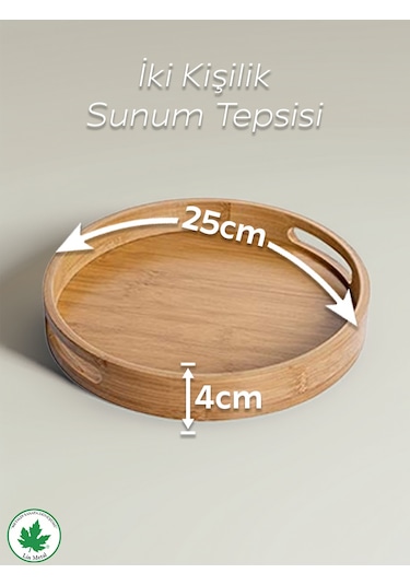 Yuvarlak Bambu Tepsi, Kulplu Sunum Tepsisi, Servis Tepsisi, Kahve Tepsisi, Keyif Tepsisi, Modern Tahta Tepsi - 25 Cm Bambu