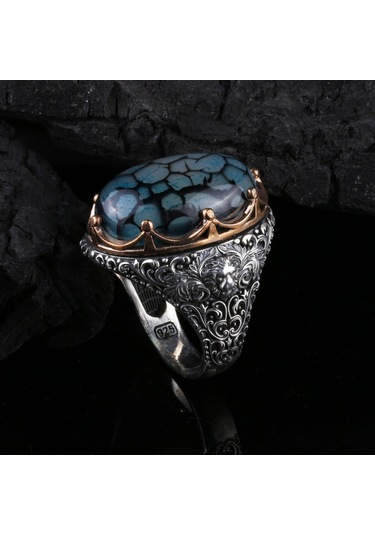 925 Ayar Gümüş Damarlı Yemen Akik Taşlı El İşçiliği Erkek Yüzük Silver