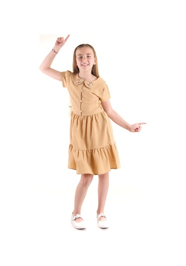 Ahengim Kız Çocuk Düğmeli Yaka Nakışlı Elbise Trend Pamuklu Pamuklu Ak2523 Kahverengi