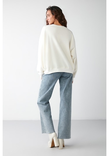 Vaneltına  Kadın Içi Polarlı 3 Iplik Organik Pamuk Oversize Basic Bisiklet Yaka Vanilya Sweatshirt