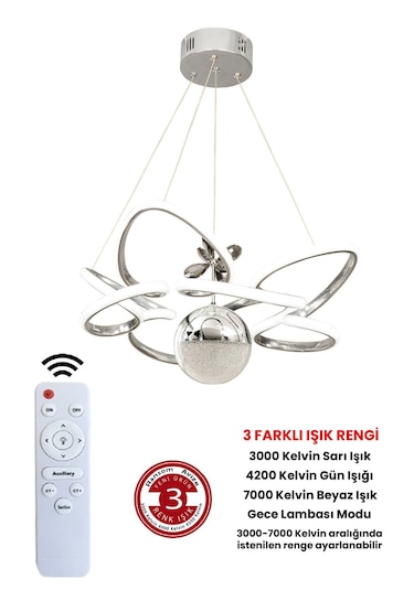 Ransom Modern 3 Renk Kumandalı Büyük Boy Toplu Salon Led Avize Krom