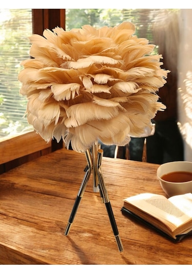 Tüylü Dekoratif Tripotlu 3'lü Ayaklı Abajur - Sarı Sarı