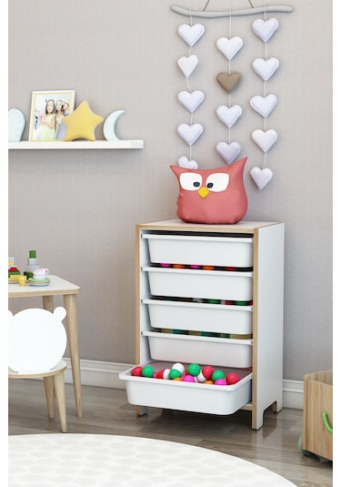 5 Sepetli Çok Amaçlı Oyuncak Dolabı Mdf Beyaz Beyaz