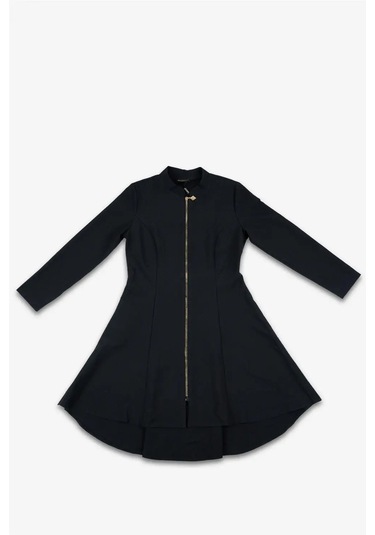 Kadın Siyah Nokta Kabartmalı Altın Fermuarlı Uzun Kollu Elbise Siyah