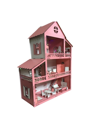 Ahşap Oyun Evi 100Cm 36 Eşya Pembe Led Işıklı