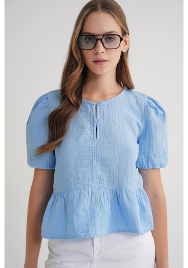 4713 Kadın Beli Büzgülü Kolu Lastikli Bol Müslin Bluz Bebe Mavi Bebe Mavi