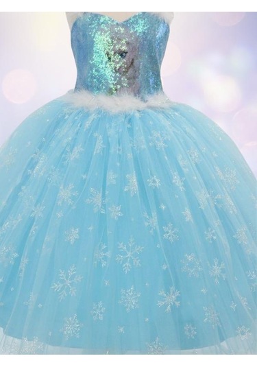 Kız Çocuk Tarlatanlı Simli Frozen Abiye-13694 Mavi