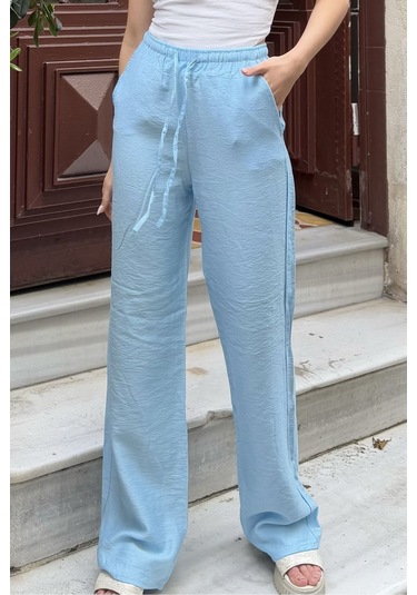 Pembe Keten Karışımlı Bol Kesim Pantolon Bebe Mavisi