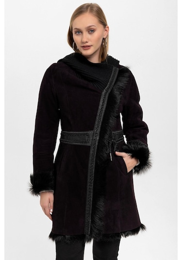 Mürdüm Seline Triko Kapüonlu Hakiki Deri Kürk Kaban-mürdüm Mürdüm