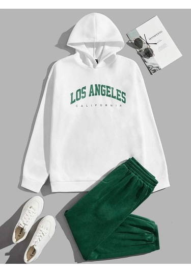 Los Angeles Eşofman Takımı Beyaz Sweatshirt Yeşil Jogger - Baskılı Oversize Şardonlu Kapüşonlu Beyaz Yeşil