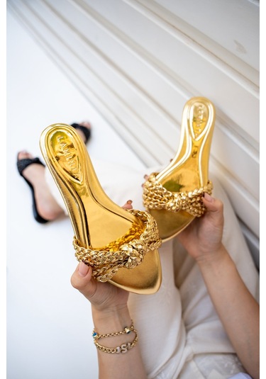 Mirim Örgü Detaylı Kadın Terlik Gold Altın