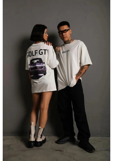 Oversize Baskılı Tişört Golf Gtı Retro Araba Desenli,- Beyaz -vlmr Beyaz