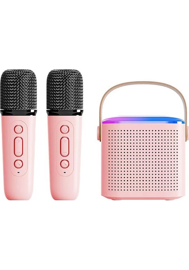 Springsun Pembe Mini Karaoke Makinası, 2 Kablosuz Mikrofonlu, Bluetooth 5.3, Dışarıda/evde Kullanım, 8-10 Saat Çalma Süresi, 5w 2 Güçlü Hoparlör