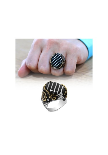 Erzurum Oltu Taşı Üzerine Gümüş Çapraz Şerit İşlemeli Koleksiyonluk 925 Ayar Gümüş Erkek Yüzük Gümüş