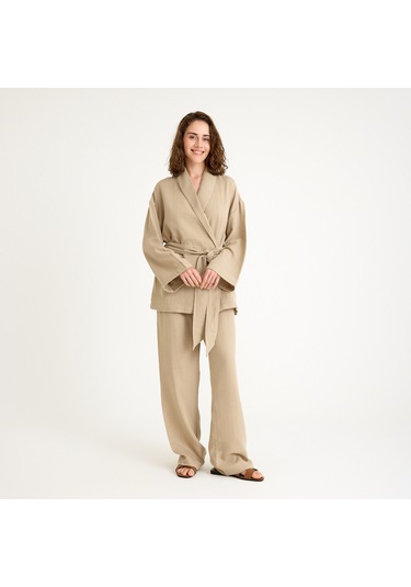 %100 Pamuklu Dokuma Şal Yaka Müslin Kimono-pantolon Alt Üst Takım Bej