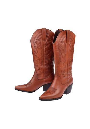 Pullman Hakiki Deri İşlemeli Western Kadın Çizme Plm-011 Taba Taba