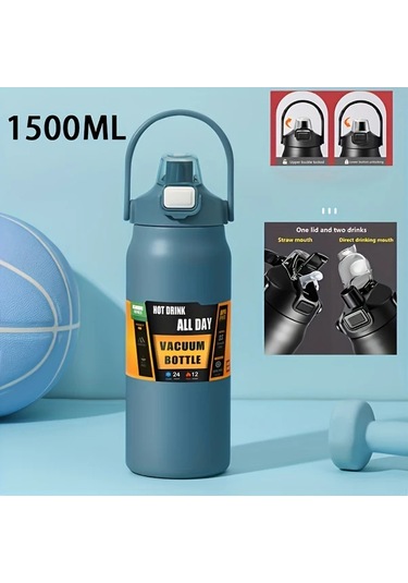 Willowhaven 1500ml Mavi Paslanmaz Çelik Termos Çift Kapaklı Seyahat Bardağı Sıcak Soğuk İçecek mavi