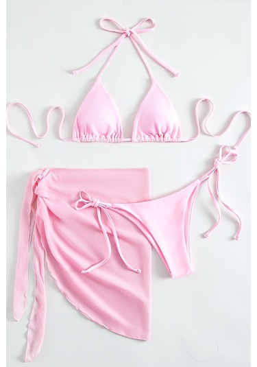 Angelsin Pareolu Bağlamalı 3'lü Bikini Takım Set Çıkartılabilir Kaplı Pembe