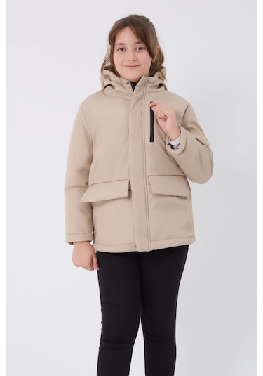 Kız Çocuk Taş İçi Kürklü Su Ve Rüzgar Geçirmez Kapüşonlu 3 Cep Kışlık Mont & Kaban & Parka Taş
