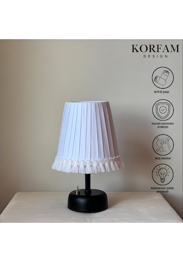 Püsküllü Beyaz Kumaş Modern Pilli Masa & Gece Lambası Çok Renkli