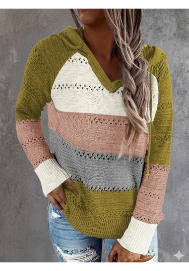 Kadın Uzun Kollu V Yakalı Bağcıklı Kapşonlu Triko Bluz Pembe