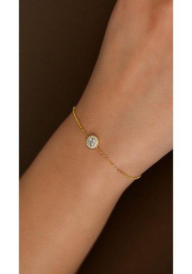 Roza Silver Zirkon Taşlı Gold Tektaş Anturaj Minimal Gümüş Bileklik