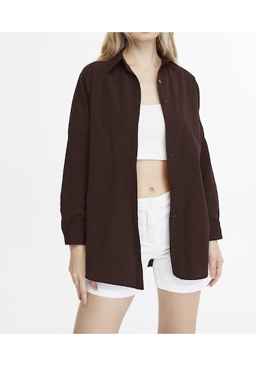 Kadın Oversize Uzun Basic Gömlek - Kahverengi