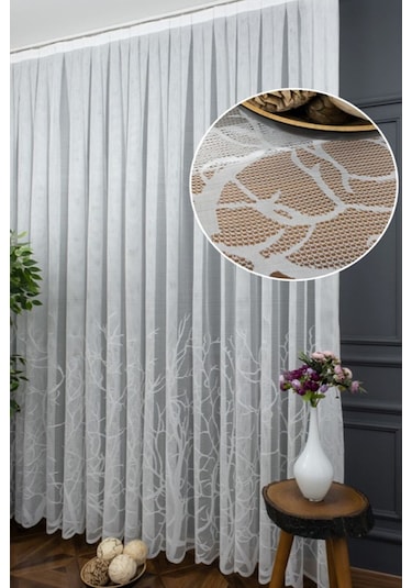 Tül Perde Grek Serpme Nakışlı Tasarım Zarif Moda Desen 1/3kat Pileli Tül Perde BEYAZ