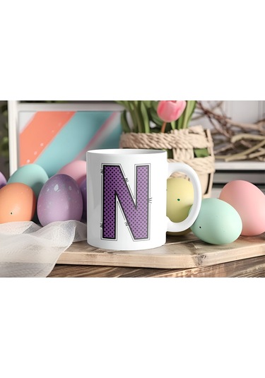 N Harfi Mor Puantiyeli Kupa Bardak - Polka Dot Tasarım Kahve Çay Bardak - Kişiye Özel Hediyelik Beyaz