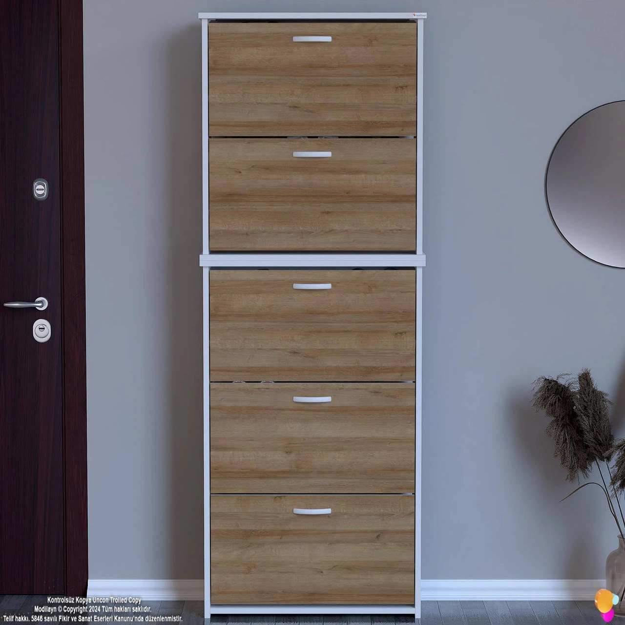 İkra Antre Meşe Renk 5 Düşer Kapak 10 Göz Bölmeli Ayakkabılık 72x 194 X26 Cm Meşe