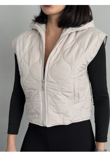 Kadın Cepli Kapitone Kapüşonlu Crop Yelek Krem