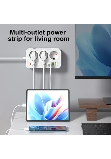 Xuweiwei Beyaz Yeni Cok Fonksiyonlu 6 Prizli 3 Usb A 3 Type C 2 Metre Uzatma Kablosu Ev Ofis Mutfak Garaj İcin
