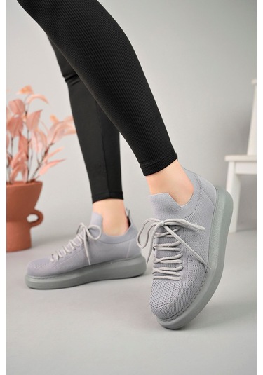 Pabucmarketi Bağcık Detaylı Triko Kumaş Erkek Spor Ayakkabı Antrasit Gri