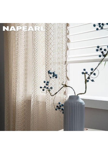 1 Adet Napearl Brokar Pamuk Çözgü Örme Zanaat Perde Püsküller İle Oturma Odası Yatak Odası Ev Dekor İçin W150cm X L240cm Bej