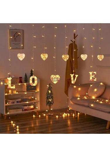 Kalp Love Günışığı Yılbaşı Parti Dekorasyon Işıklandırmaları, Saçak Perde Led Işık, Noel Süsleri Gün Işığı - Sarı