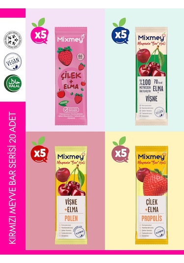 Mixmey Kırmızı Meyve Bar Serisi 20 Adet | Sağlıklı Atıştırmalıklar – Vegan, Glutensiz (20GR X 20 ADET)