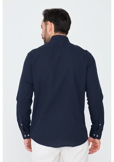 White Stone Lacivert %100 Pamuk Dynamic Fit Erkek Uzun Kollu Gömlek