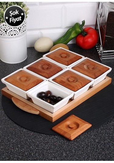 6'lı Seramik Gövdeli Ahşap Kapaklı Tepsi Beyaz Kahvaltı Takımı Beyaz