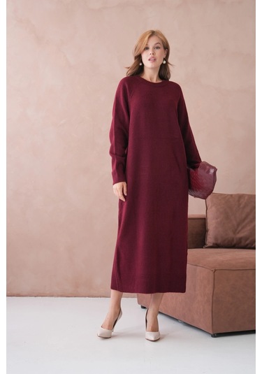 Kadın Bisiklet Yaka Yumuşak Dokulu Maksi Boy Şardonlu Oversize Triko Elbise 8324sw Bordo