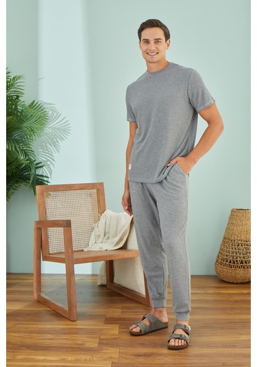 Erkek Kısa Kol Gri Melanj Pijama Takım C1t6n49 001