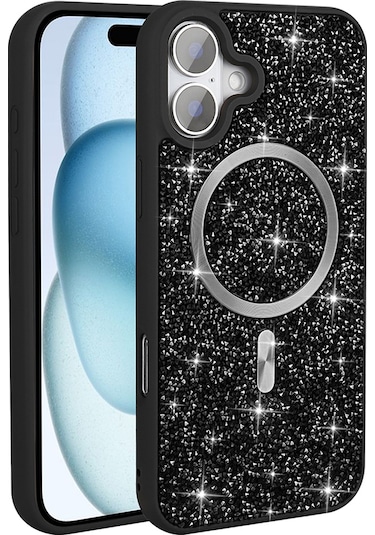 Mobilteam İphone Uyumlu 16 Pro Kılıf Pırlanta Tasarımlı Magsafe Şarj Özellikli Mozaik Silikon Gri