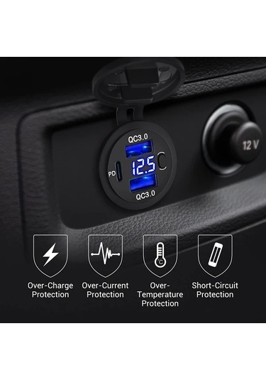 Boatshop1 Üç Arayüzlü Usb Type-c Qc3.0 Pd3.0 Uyumlu Led Ekranlı Yeşil Işık Çizgili Araba Şarj Cihazı 12v 24v Araçlar İçin